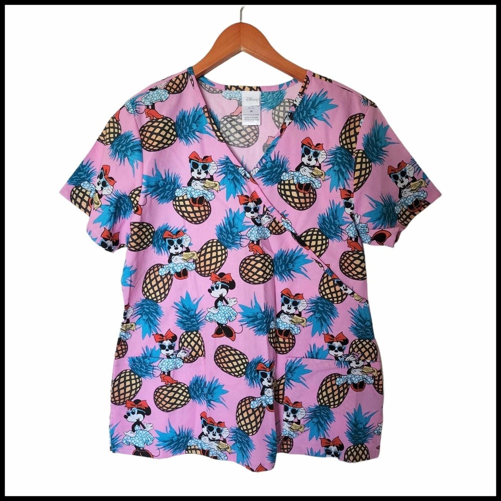 Disney Scrub Top Shirt Minnie Mouse Summer Pink Sunglasses Pineapples M